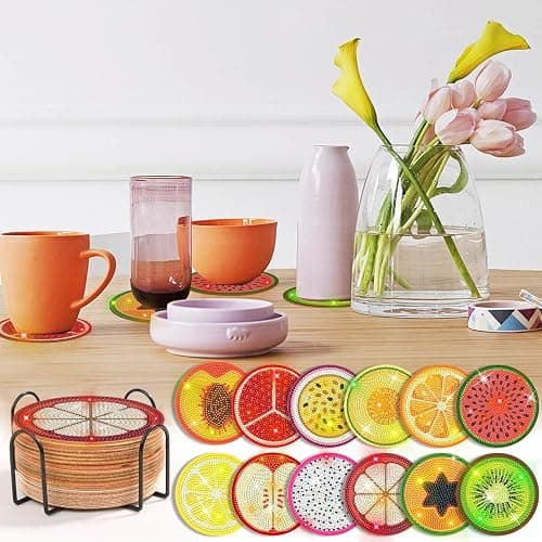 Billbotk 12 Pieces Diamond Art Painting Coasters Kit with Holder, Diamond Art Coasters, DIY Diamond Crafts Projects, Diamond Dot Kits for Adults and Beginners(Fruit Style) thumbnail 7