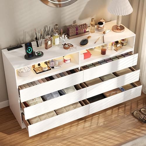 STIKELY Drawer Dresser for Bedroom with Power Outlet, Black Dressers with LED Light, Dresser Chest of Drawers for Closet,Wood Dressers Organizer Cabinet (White 6 Drawers) thumbnail 5
