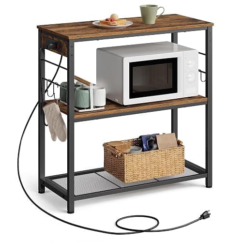 VASAGLE Kitchen Island with Power Strip, Microwave Oven Stand, Kitchen Shelf, Baker's Rack with 3 Open Shelves, 6 Hooks, Metal Frame, 15.7 x 31.5 x 35.4 Inches, Rustic Brown and Black UKKI102KD02S - Image 1