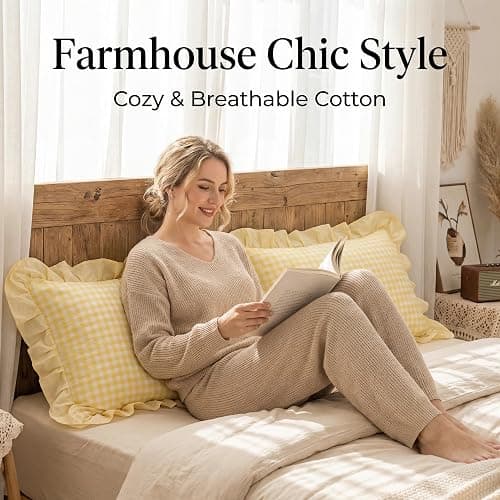 MODASER Yellow Gingham Pillow Cases Set of 2 - Ruffled Farmhouse Shams Covers, Soft Cute Aesthetic Room Decor (Standard) thumbnail 2