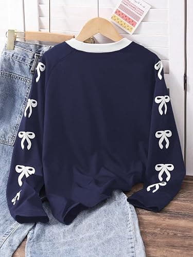 RoseSeek Girl's Jersey Bowknot Graphic Number Print Tees Long Sleeve Crew Neck Shirts Cute Tee Tops Streetwear thumbnail 2