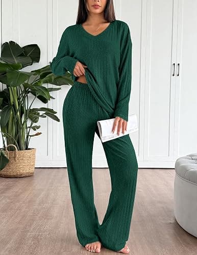 Ekouaer Lounge Sets for Women Long Sleeve Knit Ribbed Pajama Sets 2 Piece Casual Loungewear with Pockets thumbnail 3