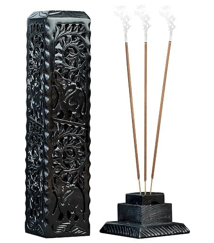 Crocon Black Marble Soapstone Incense Stick Burner Square Shape Leaf & Half Wheel Carving Tower Burner | Tea Light Candle Holder | Decorative Home & Kitchen Size - LxWxH 3X3X11 Inch - Image 1