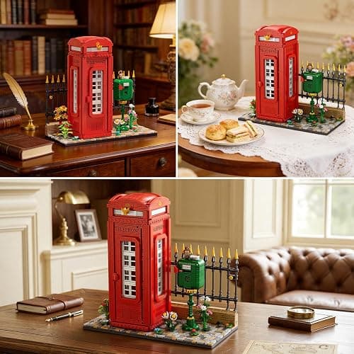 Reobrix Telephone Booth Building Block Sets for Adults with LED Lights 66609, London Landmark Red Telephone Box Vintage Phone Booth Model, Retro Building Toy for Adult Kids Home Office Decor(1707PCS) thumbnail 6