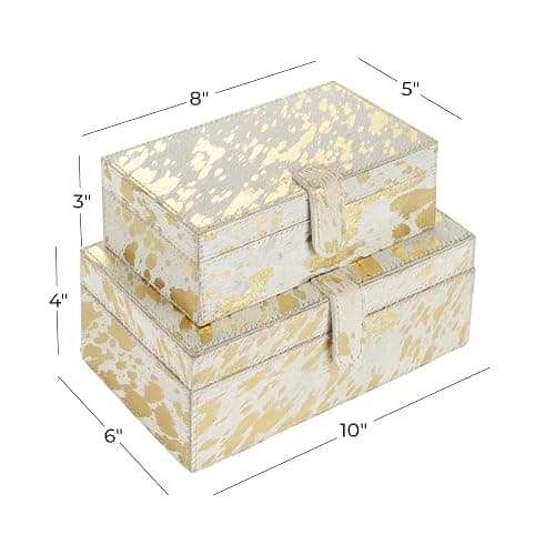 Deco 79 Leather Handmade Decorative Box Decorative Keepsake Boxes with Gold Foil Paint, Set of 2 Storage Boxes 8", 10"W, Gold thumbnail 3