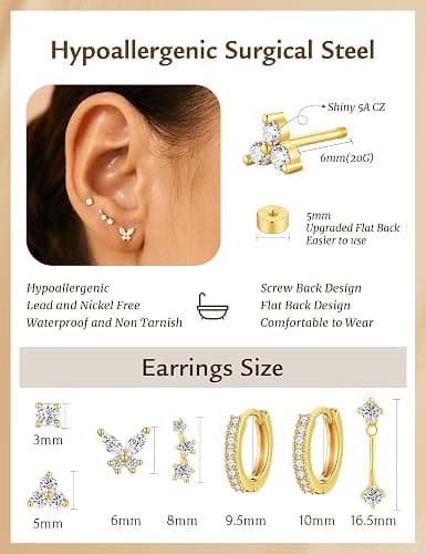 M MOOHAM Hypoallergenic Earring Jacket Stacks - 7 Pairs 14K Gold Plated Flat Back Earrings Dainty Huggie Hoop Cartilage Helix Earring Jacket, Fashion Accessories Western Jewelry Gifts thumbnail 7