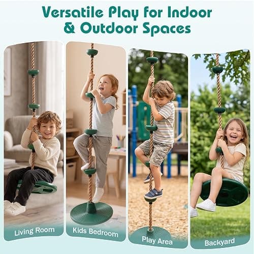 Lustriix Tree Swing 330LB, Rope & Platform Set with Carabiner, Green | Climbing rope, disc seat, hanging strap, non-slip. 330LB capacity. Backyard, garden, tree house. Gift for kids. thumbnail 8