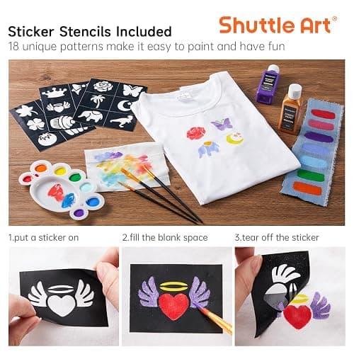 Shuttle Art Textilfarbe waschmaschinenfest, 18 waschfeste Stoffmalfarben (je 60ml) in Flaschen mit Pinseln, Vorlagen, wasserfeste Stofffarben für Kinder auf T-Shirt, Schuhe, Jeans, Tasche, Kleidung thumbnail 6