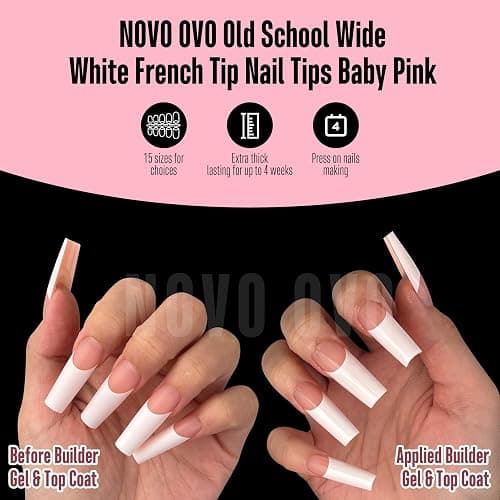NOVO OVO Old School Wide White French Tip Nail Tips Press on, Long Tapered Square BABY PINK, Extra Thick Soft Gel Fake Acrylic Extension, Need Builder Gel Top Coat & Glue, 15 Sizes 240 pcs thumbnail 6