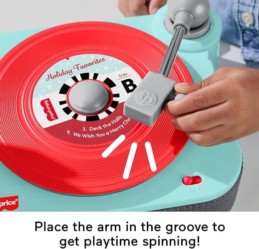 Fisher-Price Musical Toy Deluxe Rockin’ Record Player Pretend Turntable with 6 Albums for Preschool Play Plus Bonus Exclusive Holiday Album Kids Ages 3+ Years (Amazon Exclusive) thumbnail 4