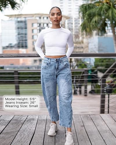 GRAPENT Barrel Jeans for Women Trendy High Waisted Wide Leg Baggy Cropped Relax Fit Stretch Denim Trouser Ankle Pants thumbnail 4