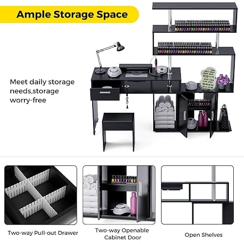 Kikihouse Manicure Table Nail Desk with Stool, Rotating L-Shaped Nail Tech Desk with Dust Collector, Two-Way Drawer, Cabinet & Storage Shelves, Reversible Manicure Workstation on Wheels (Black) thumbnail 5