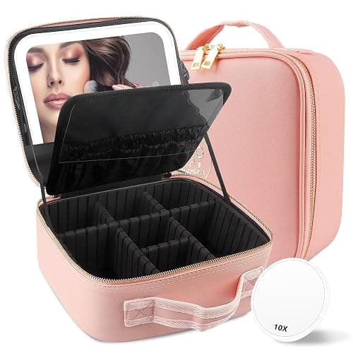 MOMIRA Travel Makeup Bag Cosmetic Bag with Lighted Mirror, Adjustable Brightness in 3 Color Scenarios, Waterproof, 10x Magnifying Mirror, Rotatable Independent Light Mirror- Pink(Solid) - Image 1