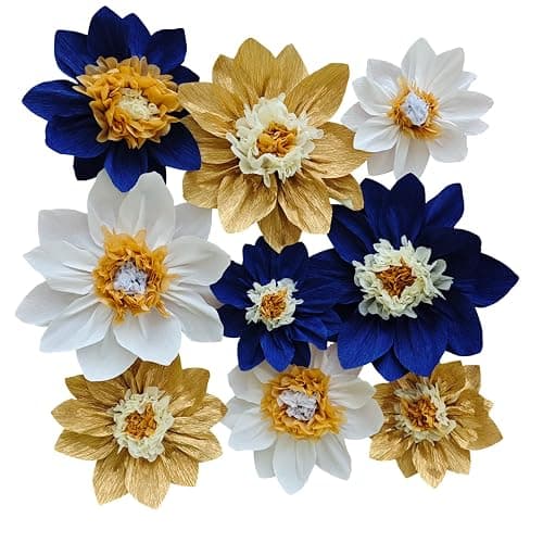 Mybbshower Crepe Paper Flower for Wall Paper Pom Pom Decor Girls Birthday Party Backdrop Baby Shower Nursery Decoration Pack of 9 (Navy Blue Gold) - Image 1