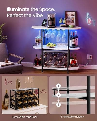 VASAGLE Bar Cabinet with LED Lights and Power Outlets, Freestanding Coffee Bar Wine Cabinet, Wine Rack, Glass Holder, Mini Bar for Liquor and Glasses, Kitchen, Dining Room, Rustic White ULWR007W01S thumbnail 5