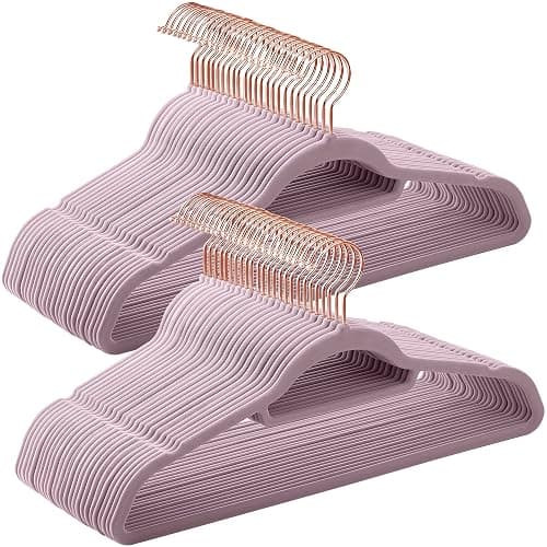 SONGMICS Velvet Hangers, Set of 50 Clothes Hanger with Rose Gold Swivel Hook, Non-Slip, and Space-Saving, 0.2-Inch Thick, 17.1-Inch Long for Coat, Shirt, Dress, Pants, Tie, Lavender Purple UCRF021GP50 - Image 1