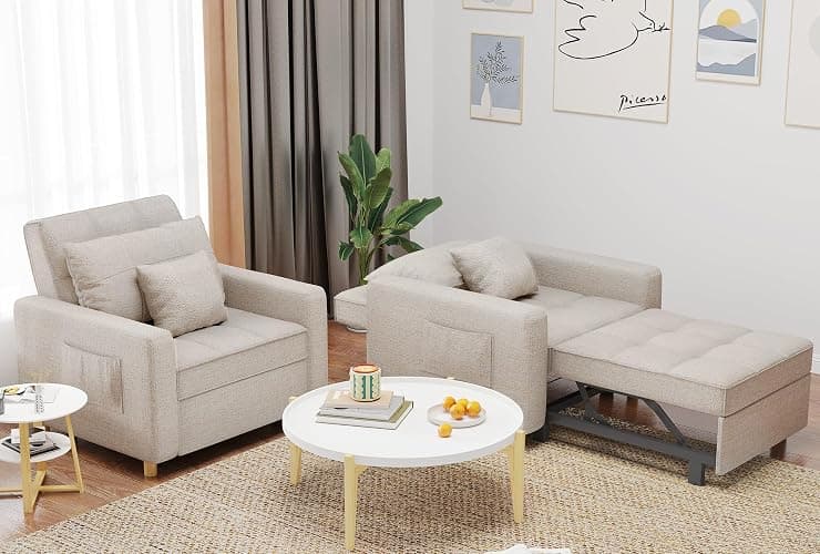U-MAX 36" Convertible Chair Bed Sleeper Sofa, 3-in-1 Pull Out Sofa Chair with Side Pocket, Pillow and Adjustable Backrest for Small Space, RV, Apartment, Living Room in Beige thumbnail 4