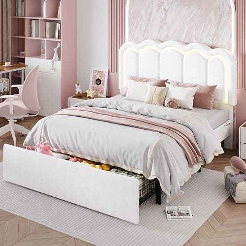SHA CERLIN Upholstered Queen Size Bed Frame with LED Lights and Large Storage Drawer, Velvet Platform Bed with Adjustable Wavy Headboard, Noise Free, Easy Assembly, No Box Spring Needed, Soft White - Image 1