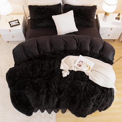 Andency Queen Comforter Set Black, Fluffy Winter Faux Fur Warm Soft Plush Bedding Comforter Set (1 Velvet Comforter & 2 Pillowcases), Fuzzy Thick Heavy Puffy Comforters Bed Set thumbnail 7