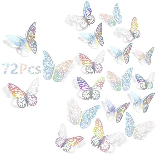SAOROPEB 3D Wall Decor, 72 Pcs 3 Sizes 3 Styles, Removable Butterfly Stickers for Room Decor, Party Balloons, Cake Decoration, Laser - Image 1