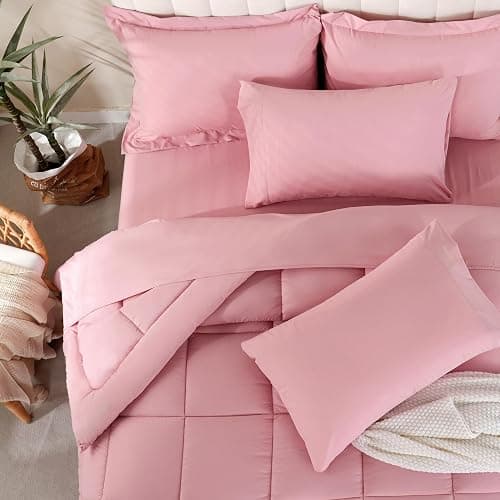 DOWNCOOL Queen Comforter Set, 7 Pieces Bedding Sets Queen Pink, All Season Down Alternative Bed in a Bag Queen with Comforter, Flat Sheet, Fitted Sheet, 2 Pillow Shams & 2 Pillowcases thumbnail 3