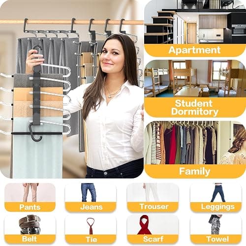 Pants Hangers Space Saving - 2 Pack Closet Organizer and Storage Jean Hangers, Stainless Steel Anti-Slip Clothes Hanger Scarf Holder for Pants Jeans Leggings Trousers Pant Rack, Black thumbnail 6