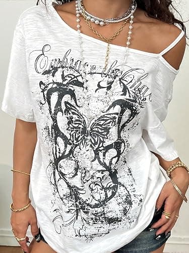 SOLY HUX Women's Off The Shoulder Tops Y2K Graphic Tees Short Sleeve Oversized Going Out T-Shirts Streetwear thumbnail 2