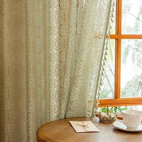 YJ YANJUN Boho Lace Curtains 84 Inches Long, Vintage Crochet Doily Pattern, Spring Sage Green Sheer Curtains for Living Room Bedroom Nursery, Farmhouse & Cottage Chic Style, W59 x L84-2 Panels thumbnail 3