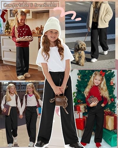 LessonZoo 3 Pack Girls' Sweatpants Wide Leg Drawstring Casual Kids Joggers Open Bottom Loose Solid Teen Pants with Pockets thumbnail 2