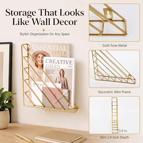 Home Office Magazine Rack, 2 Pack Wall File Organizer with 4 No-Drill Adhesive Hooks, Gold Metal Wall Mounted Magazine Holder for Mail, Folders, Papers and Reading Materials in Entryway, Living Room thumbnail 7