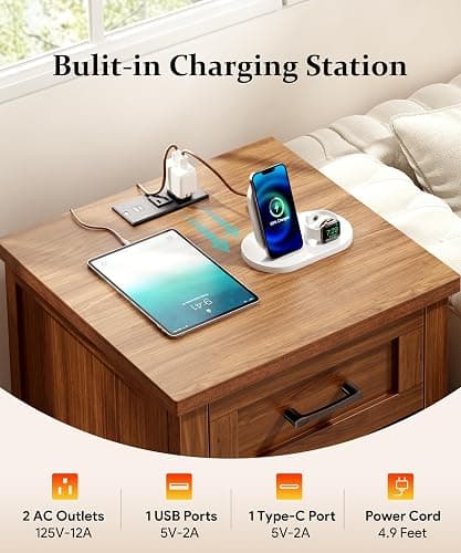 Decofy Farmhouse Nightstand with Charging Station, Walnut | AC Outlets, USB And Type C Ports, Drawer Storage, Open Shelf, Modern End Table For Bedrooms and Living Rooms thumbnail 5