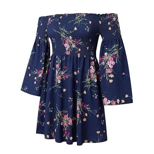 ONEYIM Women's Dress Summer Floral Long Sleeve Off Shoulder Casual Mini Dresses thumbnail 3