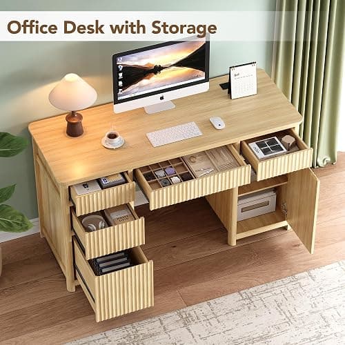 OneBlis 55" Fluted Executive Desk with Drawers & Charging Station, Large Wood Computer Desk with File Drawer and Storage Cabinet, Modern Home Office Desk with Power Outlets, Oak Wood thumbnail 5