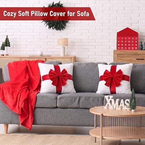 Meanplan 2 Pcs Christmas Red Bow Throw Pillow Covers 18x18 Inch Xmas Decor | Soft Fluffy Plush Throw White Pillowcases with Red Velvet Bow, Faux Fur Xmas Gifts for Couch Holiday Sofa Cushion Decoration thumbnail 5