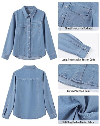 GRAPENT Denim Button Down Shirts for Women Long Sleeve Western Casual Lightweight Collared Pocket Jean Shirt Shacket Top thumbnail 6