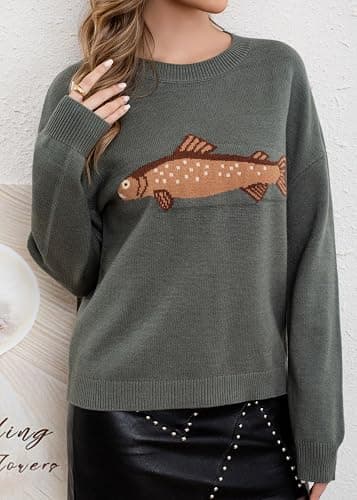 CHARTOU Women Fashion Crew Neck Rib Knit Crucian Carp Graphic Oversized Y2k Pullover Sweater Jumper thumbnail 5
