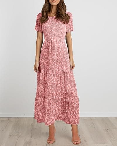 BTFBM Women Casual Short Sleeve Crew Neck Summer Dress Bohemian Floral Printed Flowy Maxi Dresses Tiered Cocktail Dress thumbnail 2