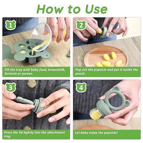 LittlesJoy Silicone Baby Fruit Feeder/Food Feeder Pacifier/Breastmilk Popsicle Molds for purees Baby teething relief teether for Baby Teething & Infant Self Feeding BPA Free - (Sage) - Sage thumbnail 5
