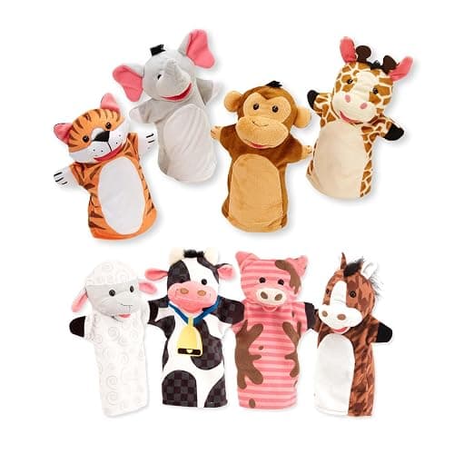 Melissa & Doug Animal Hand Puppets (Set of 2, 4 Animals in Each) - Zoo Friends and Farm Friends - Image 1
