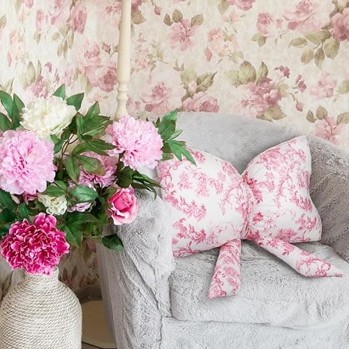 Colingmill Bow Shaped Throw Pillow 24 Inch Large Pink and White Chinoiserie Floral Pillow Decorative Coquette Love Shack Fancy Decor for Sofa Bed Couch Living Room thumbnail 3