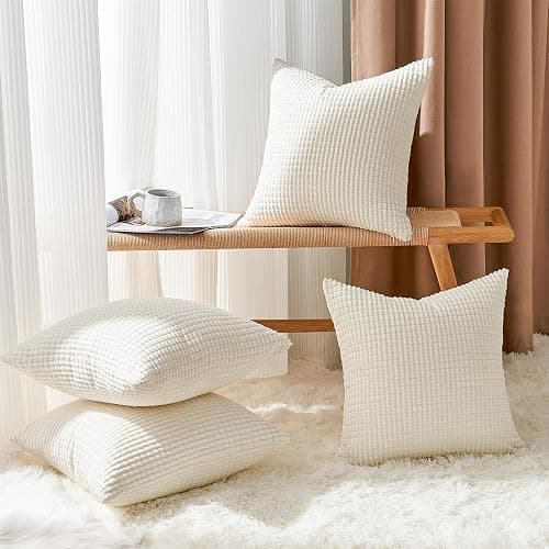 Topfinel Cream White Decorative Throw Pillow Covers 18x18 Inch Set of 4 for Living Room Couch Bed Sofa, Boho Natural Farmhouse Home Decor, Soft Plush Corduroy Cute Square Beige Cushion Case 45x45 cm thumbnail 4