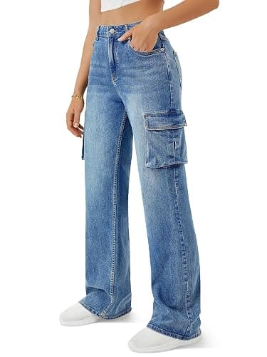 Women High Waisted Cargo Jean for Women with 6 Pockets Straight Wide Leg Jean Casual Baggy Pants thumbnail 5