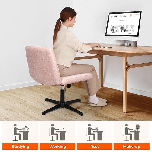 NEO Chair Criss Cross Chair No Wheels Armless Cross Legged Office Desk Wide Comfy Vanity Makeup Chair Adjustable Computer Task for Home Office Fabric (Pink) thumbnail 5