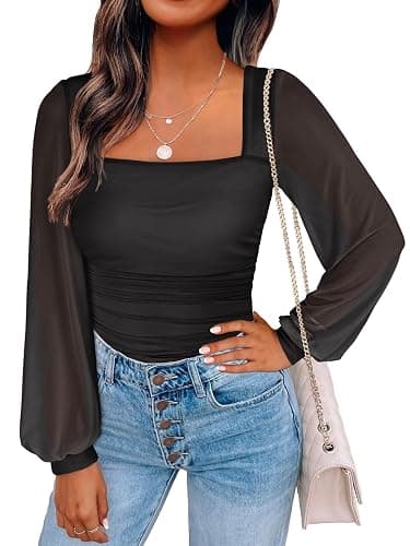 ANRABESS Womens Square Neck Mesh Long Sleeve Tops Double Lined Dressy Business Casual Blouses Shirts 2025 Fall Outfits - Image 1