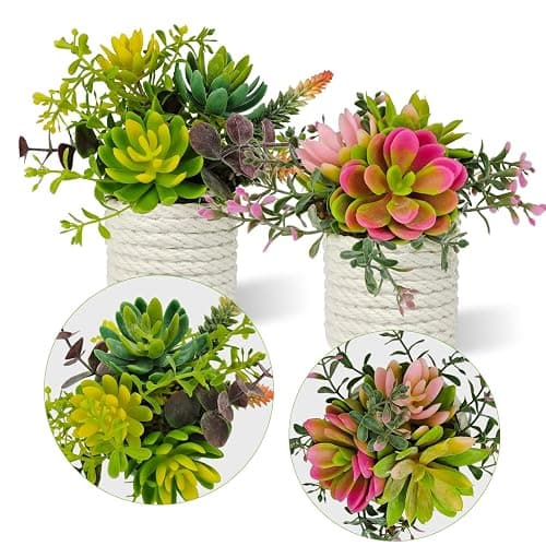 FOUSUKA Set of 2 Fake Succulents Plants Artificial Small Succulent Plants Potted for Home Decor Indoor Table Living Room Bedroom Bathroom Shelf Women Office Desk Accessories Decoration (Green) thumbnail 5