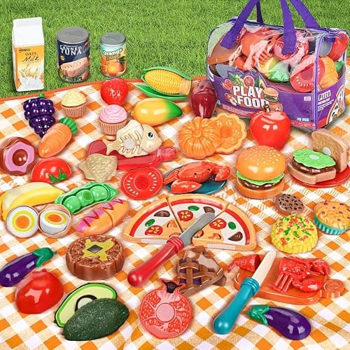 LAUGIGLE Pretend Play Food for Kids Kitchen, 78Pc Cutting Toy Food with Storage Bag thumbnail 2