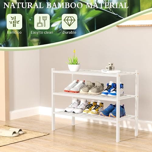 ROMGUAR CRAFT 3 Tier Bamboo Shoe Rack for Closet Free Standing Wood Shoe Shelf Storage Organizer for Entryway Small Space Stackable 27"x11"x20" (White) thumbnail 6