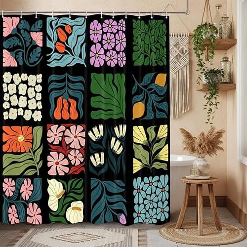 JAWO Retro Shower Curtain Vintage Abstract Cute Boho Floral Shower Curtains for Bathroom Decor Black Blue Botanical Geometric Groovy Aesthetic Pattern Shower Curtain Sets with Hooks, 70X70IN thumbnail 3