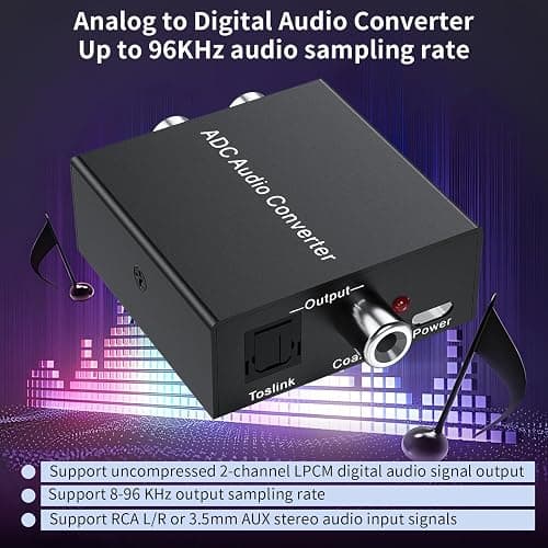 Analog to Digital Audio Converter, for RCA to Optical Coaxial with Toslink | R/L input, 3.5mm aux input, Coaxial /Toslink outputs, 8-96KHz Sampling Rate, Plug and Play thumbnail 6