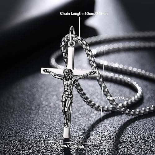FANCIME Crucifix Cross Necklace Polished Crucifix Necklace Sterling Silver Fine Jewelry Gifts for Him Men, Strong Stainless Steel Box Chain Length 24 Inch thumbnail 2